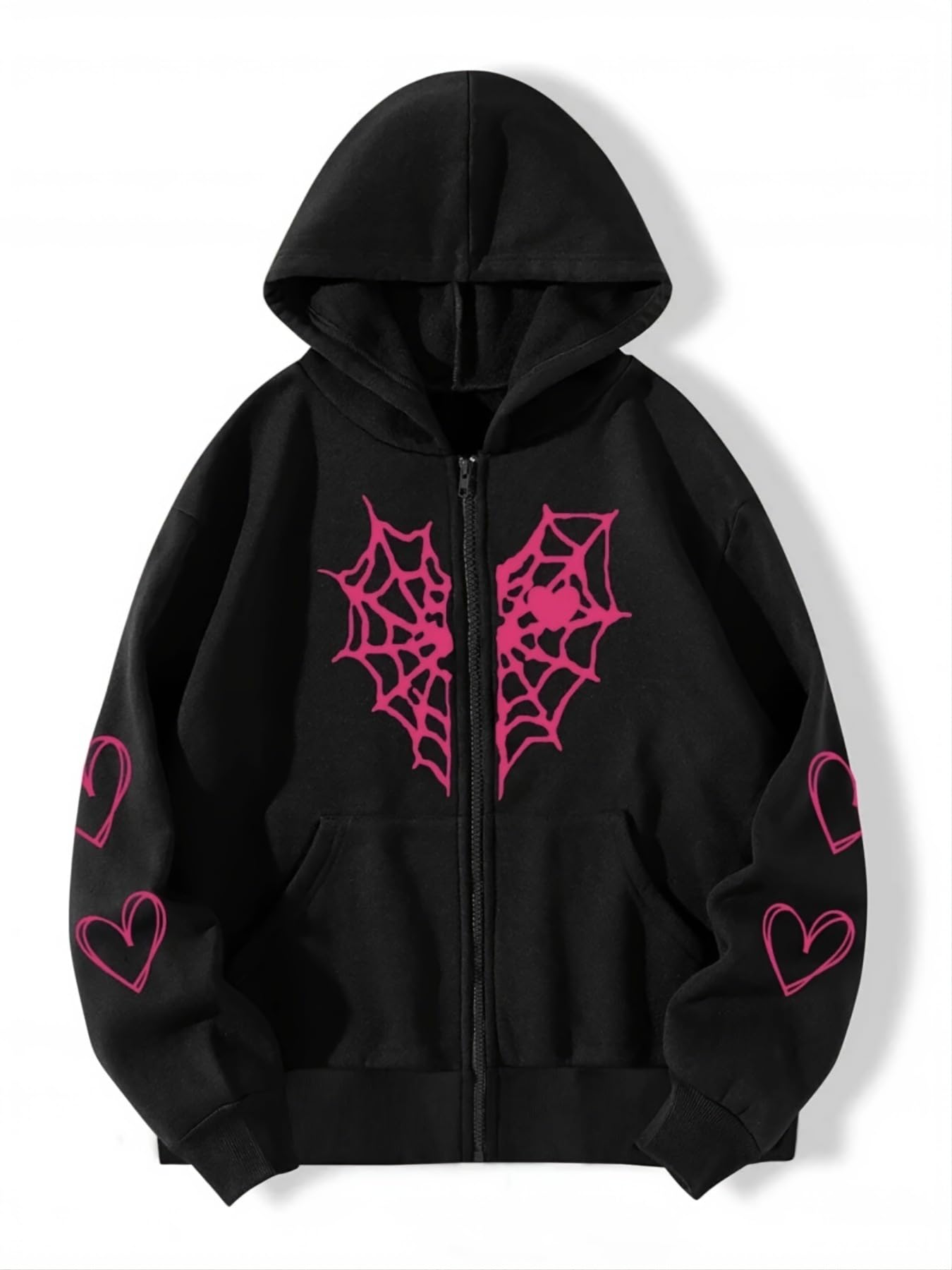 Y2K Gothic Spider Web Heart-shaped Print Hoodied Pullover Punk Zip Up Jacket Coat Harajuku Loose Oversized Streetwear (Black PinkXL)