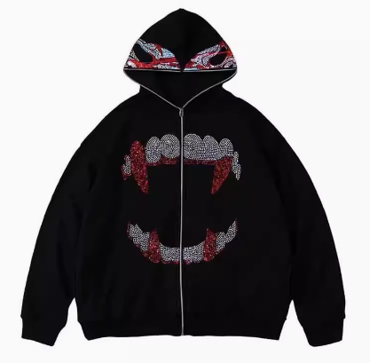Punk Y2K Gothic Rhinestone Zip Up Hoodie Sweatshirt