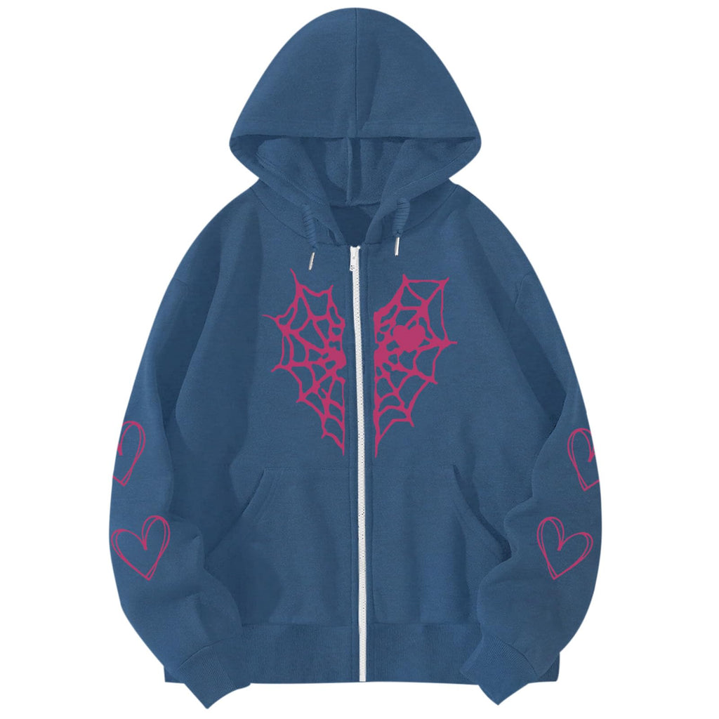 Spider Web Zip-Up Hoodie Oversized Y2k Jacket
