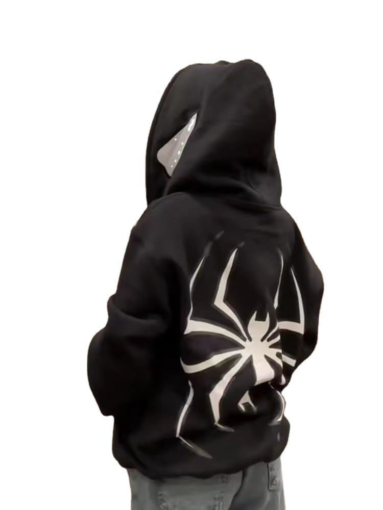 Spider Web Zip-Up Hoodie - Black Y2K Aesthetic
